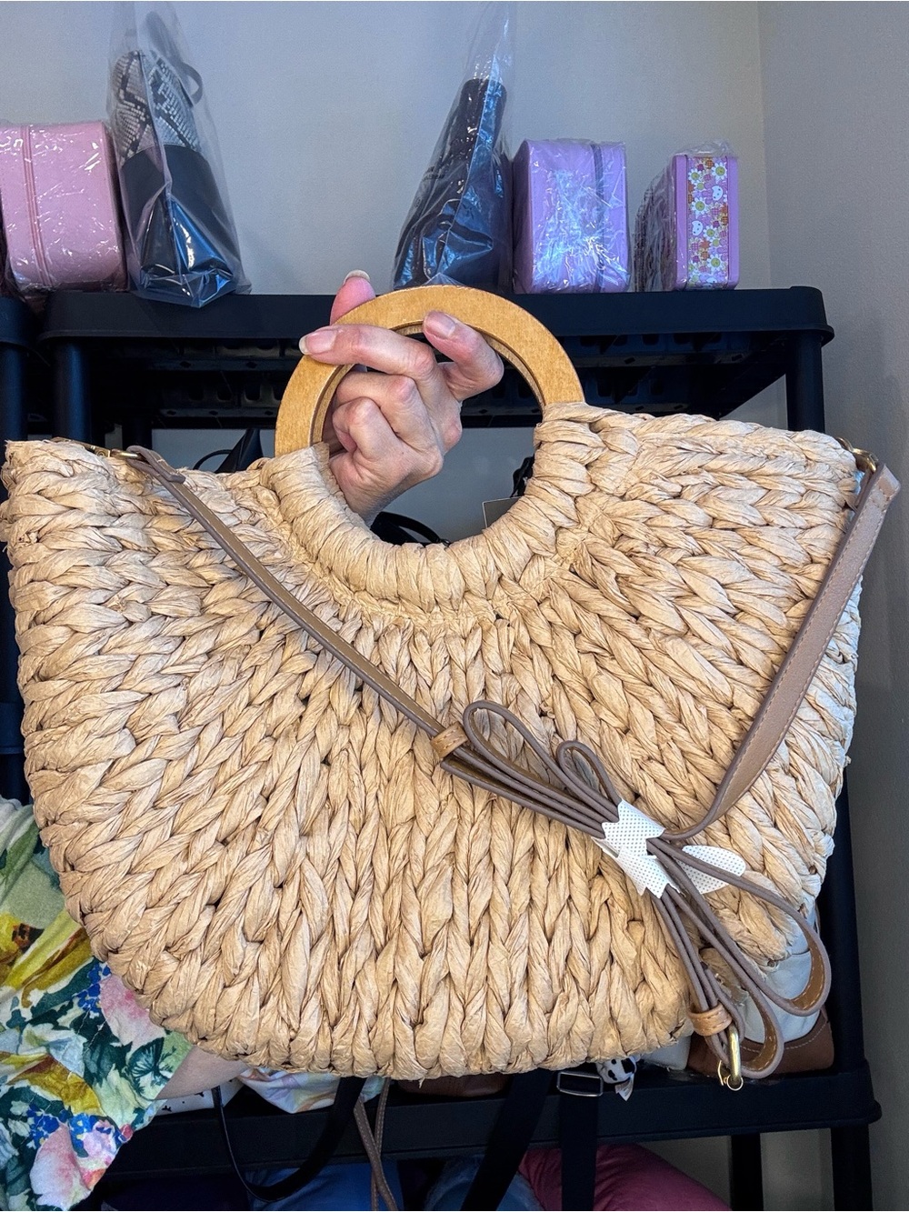 Beaded Straw Tote Crossbody - Picture 4 of 10